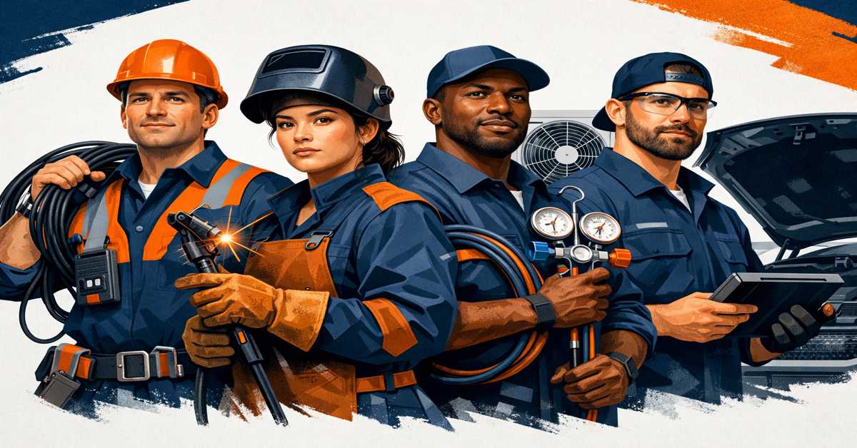 An electrician, welder, HVAC technician, and automotive technician
